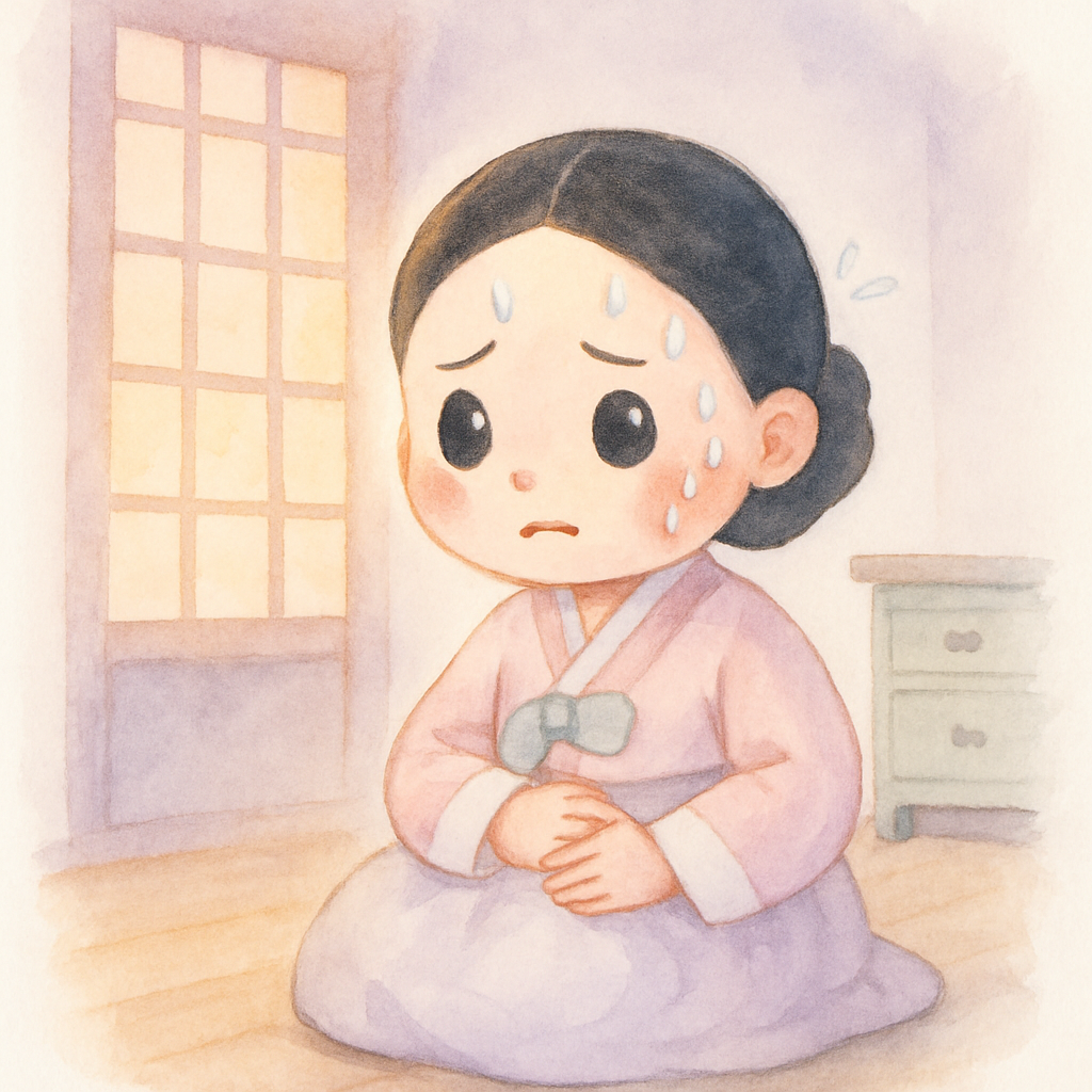 며느리가 배가 아파 참으며 조심조심 지내는 장면